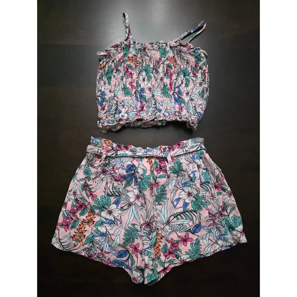 Hannah Banana Tropical Print Set Smocked Top Paperbag Waist Shorts Pink Size 6X